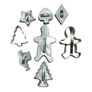 8 Vtg Aluminum Cookie Cutters Tree, Gingerbread Man, Diamond, Spade, Star, Santa